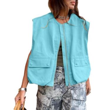 Imagem de PAODIKUAI Blazer feminino casual com zíper e bainha franzida, leve, sem mangas, jaqueta grande com bolsos, Lago azul, P