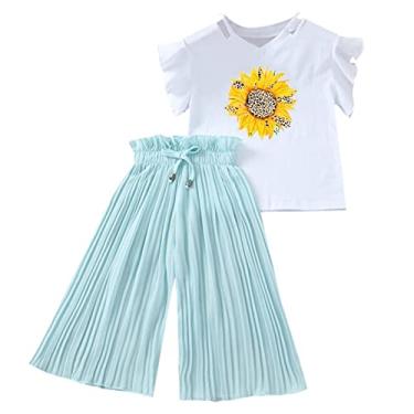 Imagem de Conjunto de roupas infantis para meninas, verão, girassol, camiseta, chiffon, franzido, calças soltas, shorts juvenis, grande, Verde menta, 5 Anos