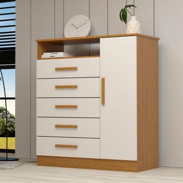Imagem de Cômoda 1 Porta 5 Gavetas 100% MDF Nemésia Espresso Móveis Cinamomo/Off White