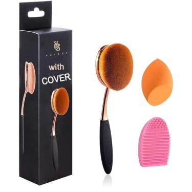 Imagem de Escova de dentes redonda com contorno de base de ouro rosa grande, sem poeira, pincéis de maquiagem ovais com esponja de mistura à prova de poeira e limpador de ovos..