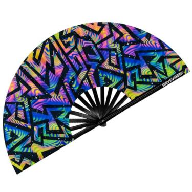 Imagem de Ravevibes Ventilador de mão dobrável grande de 33 cm, ventilador de bambu para festivais, ventiladores dobráveis com brilho UV Edm para rave roupas, acessórios de festa de dança para homens e