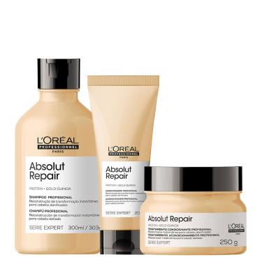 Imagem de Kit L'oréal Professionnel Serie Expert Absolut Repair Gold Quinoa - Shampoo 300 Ml + Condicionador 200 Ml + Máscara Reparação 250 G