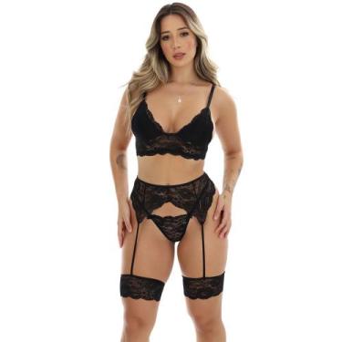 Imagem de Conjunto Lingerie Preto Fristyle Sem Bojo Cinta Liga Renda, P