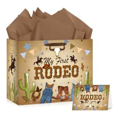 Imagem de My First Rodeo Birthday Gift Bags Decoration, Grande Western Cowboy 1º Aniversário Saco de Papel com Cartão de Felicitações Papel de Embrulho 1º Saco de Presente para Menino de 1 Ano de Idade
