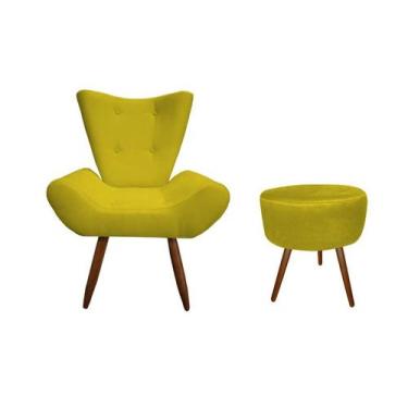 Imagem de Kit Poltrona Decorativa Emilia + Puff Redondo Suede Amarelo Pés Madeir