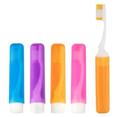 Imagem de ysuwekslu Escova de dentes para viagem, conjunto de 4 peças, mini escova de dentes portátil macia para viagem com capa de escova de dentes pequena dobrável embalada individualmente para acampamento e