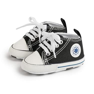Imagem de KIDSUN Tênis infantil para bebês meninos meninas couro sola macia antiderrapante recém-nascido branco sapatos casuais First Walker Berço, A5 - preto, 12-18 Months Toddler