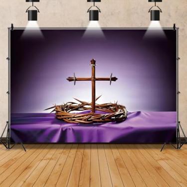 Imagem de ZARROUEA Fundo de cruz de 2,1 x 1,5 m para a igreja de Jesus, fundo de coroa de espinhos, escritura, cristo, luz sagrada, Deus abençoe para fotografia de fundo para igreja cristã, suporte de estúdio
