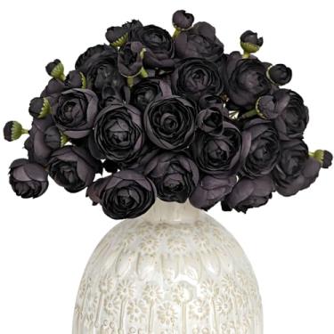 Imagem de Letjolt Ranunculus flor artificial 18 peças de seda preta ranúnculo casamento buquê de noivado centros de mesa arranjos decoração de chá de panela, decoração de casa, preto