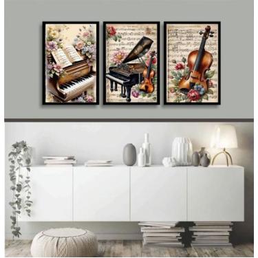 Imagem de Kit 3 Quadros Piano e Violino Vintage - Flores 45x34cm - com vidro - Q