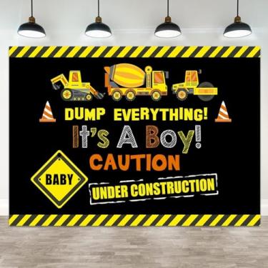 Imagem de ASDCXZ Pano de fundo para chá de bebê de 2,1 x 1,5 m It's a Boy Photography Background Under Construction Yellow Black Warning Line Dump Truck Cartoon Boys Birthday Party Banner Decoration Retrato