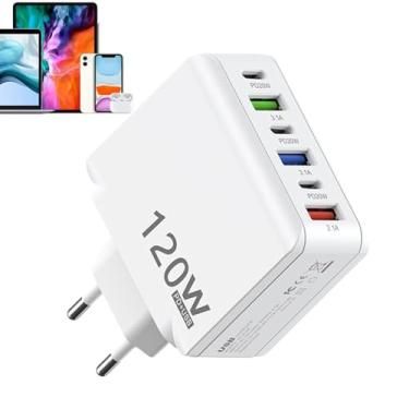 Imagem de Bloco de carregador USB C, bloco de carregamento tipo C - Adaptador de tomada de parede 120W - Adaptador de tomada de parede multiportas, hub de carregador de parede de carregamento rápido com 3 USB C