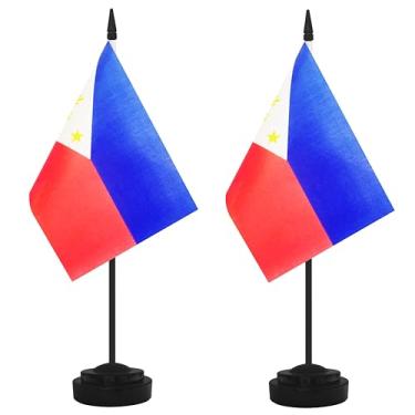 Imagem de Conjunto de 2 bandeiras de mesa filipinas, bandeira de escritório pequena mesa em miniatura filipina com poste preto de 30 cm e base preta, escritórios, sala de aula, casa, decoração de festival