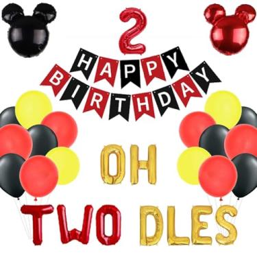 Imagem de Geloar Suprimentos para festa de aniversário Oh Twodles, decorações temáticas de 2º aniversário Mickey Minnie com balões Oh Twodles Mickey Mouse guirlanda de feliz aniversário para decoração de festa de aniversário de segundo menino menina