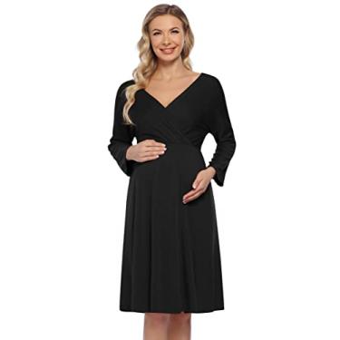 Imagem de KOJOOIN Vestido feminino de manga comprida para gestantes, gola V, casual, evasê, midi, Preto, P