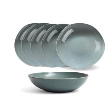 Imagem de Jogo 6 Pratos Fundos Cerâmica 20cm Azul Petroleum Borda Irregular Artesanal Orgânico Super Luxo Mesa Posta Sopas Refeições Rústico Vintage