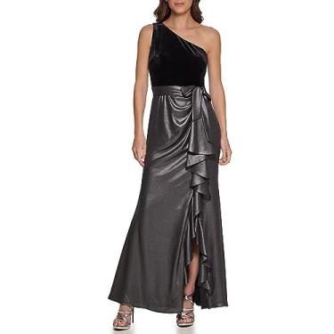 Imagem de DKNY Vestido feminino de veludo/folha de chiffon com babados, Preto/prata, 38