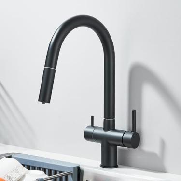 Imagem de Torneira de cozinha com filtro de água pura, torneiras flexíveis de cozinha com duas alças, aço inoxidável, 2 em 1, torneira misturadora de água quente e fria, torneira preta fosca
