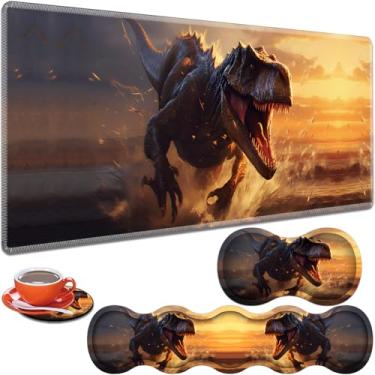 Imagem de ZHUHEHEAH Almofada de mesa grande para jogos 80 cm x 30 cm + almofada de pulso para teclado + almofada de pulso de mouse + base antiderrapante conjunto 4 em 1, espuma viscoelástica ergonômica, alívio