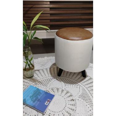 Imagem de Puff Decorativo Redondo 40x30 pés palito, tecido Linho Claro com Couro