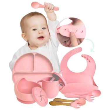 Imagem de Kit Refeição Bebê Prato Babador Copo Talher Silicone 10 Pçs Rosa