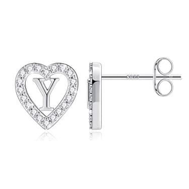 Imagem de Brincos de coração com inicial para meninas, banhado a ouro real 14K 925 prata esterlina haste zircônia cúbica brincos de coração hipoalergênicos para meninas meninas crianças, Metal, Zircônia cúbica