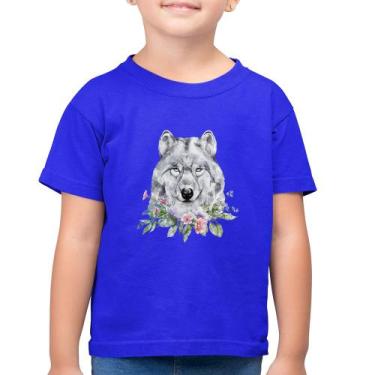 Imagem de Camiseta Algodão Infantil Lobo e Flores - Foca na Moda, Azul royal, 12