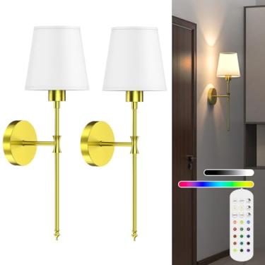Imagem de viyawise Arandela de parede elegante operada por bateria, conjunto de 2 luzes de parede sem fio para quarto e sala de estar, lâmpadas de parede com controle remoto com 12 modos de cor para um ambiente