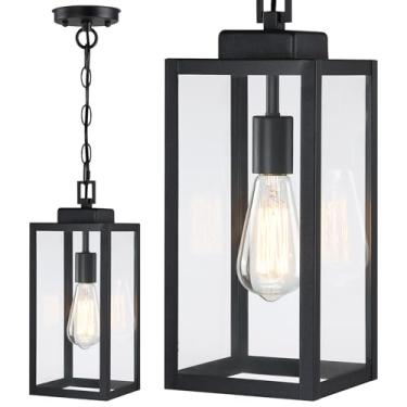 Imagem de MYHXQ Luminária Pendente Externa De 15'', Lustre Externo Moderno, Luz De Lanterna Suspensa Externa, Preto Fosco Com Vidro Transparente, Luminária Pendente Externa Para Montagem No Teto Para Varanda,