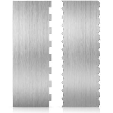 Imagem de Raspador de bolo inoxidável Steal, 2 peças de 21,8 cm com borda dupla face com padrão listrado e borda lisa, pente de decoração de bolo, cortador de massa para decoração de mousse e creme de manteiga