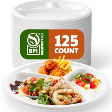 Imagem de Joyborn Pratos de papel compostáveis, 3 compartimentos de 25 cm descartáveis, pacote com 100 bandejas de almoço seccionais resistentes de bagaço biodegradável para buffet, churrasco, festa e uso