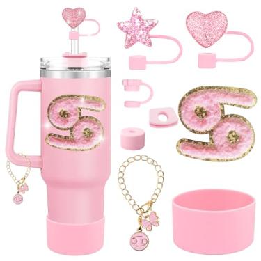 Imagem de RQYDYZMJ Conjunto de acessórios de copo de 8 peças, com uma corrente e pingente de constelação, adesivo de constelação e tampa de palha para copos Stanley de 850 g ou 1,134 g (rosa - câncer)