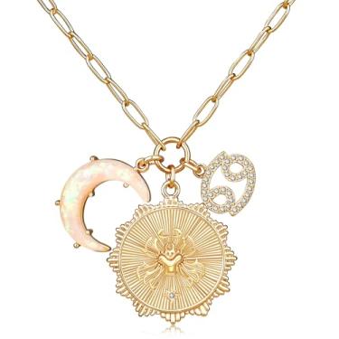 Imagem de MISS RIGHT Colar de moedas de signo do zodíaco de ouro com pingente de lua crescente de opala para mulheres meninas da moda, corrente delicada de clipe de papel de ouro 12 colares de horóscopo de constelação colares de astrologia joias presentes, 18.11 inches, Gema, Zircônia cúbica