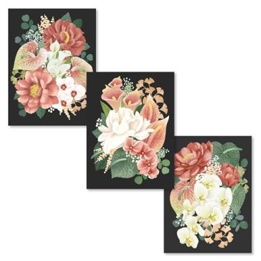 Imagem de HoneyKICK Arte de parede floral - Conjunto de pôsteres botânicos pintados à mão 3 peças para quarto, área de estar, escritório, banheiro - Impresso em papel cartolina