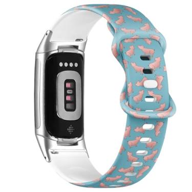 Imagem de Pulseira de silicone macio compatível com Fitbit Charge 5/Fitbit Charge 6 (Símbolo 2019 Pink Pig On) Pulseira esportiva macia para mulheres e homens