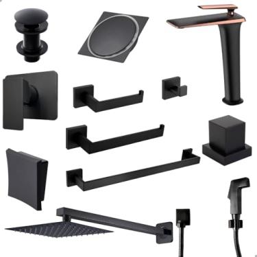 Imagem de SOFTINOX Kit Acessórios Banheiro Lavabo Luxo Preto Fosco Completo com Registro Padrão Docol, Torneira Monocomando, Ducha 20x20, Ducha Higiênica e Mais — Acabamentos Premium e Design Black Matte