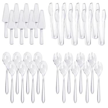 Imagem de TANEMUDO Conjunto de 32 utensílios de plástico descartáveis com 8 garfos de colheres de 24,6 cm, 8 facas de 24 cm e 8 pinças de 16 cm para servir comida, bolo, festa de aniversário, buffet e talheres