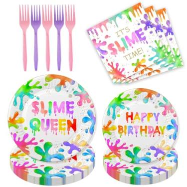 Imagem de XXDecor 80 peças de decorações de festa de aniversário de geleca – Pratos de sobremesa coloridos Slime Queen, guardanapos, kit de utensílios de mesa para meninas, tema respingos, respingos, decoração