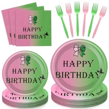 Imagem de Havawish 96 Pcs Pink and Green Plates Happy Birthday Party Supplies Tableware Set for 24 Guest Crown and Magic Wand Bad Witch Paper Plates Napkins Forks for Birthday Castle Party Favor
