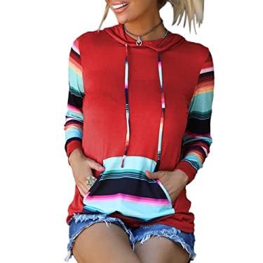 Imagem de Moletom Feminino Com Capuz, Listra Xadrez e Costura Contrastante, Bolsos Grandes, Pulôver Feminino Com Capuz para Aniversário (XXL)