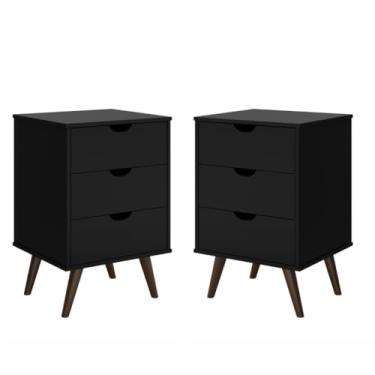 Imagem de Kit Conjunto 2 Mesas de Cabeceira Cama Quarto Casal 3 Gavetas Roma- Preto