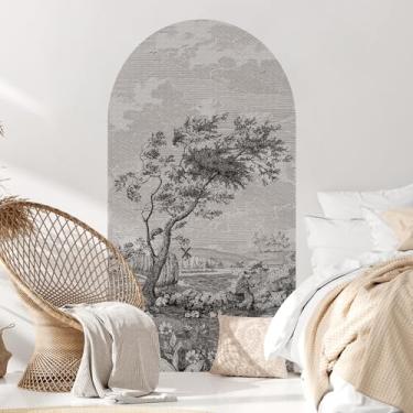Imagem de Decalques de parede de arco grande adesivo rústico para cabeceira enorme preto e branco esboço paisagem country adesivo de parede grande decoração de parede de cama de fazenda para quarto sala de