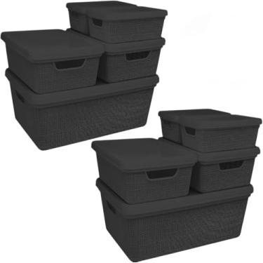 Imagem de Caixa Organizadora com Tampa Kit 10 Peças Cesto Grande em Plástico 1,8 L 5 L 15 L - Rede Brink e Lar (Preto)