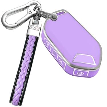 Imagem de Yonmcfn Capa para chaveiro Kia com chaveiro de metal/couro, capa de chave TPU, compatível com 2023 2024 Telluride ect Remote Smart Key, 5 botões prata roxo