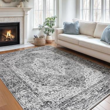 Imagem de Lofus Tapetes de área para sala de estar, tapete lavável, tapetes para quarto, cozinha, tapete boho vintage, macio, antiderrapante, tapete de área grande para escritório, sala de jantar, cinza escuro