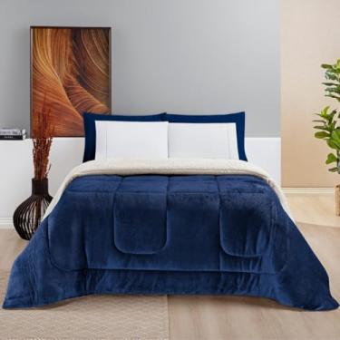 Imagem de Manta Cobertor Tamanho King Soft Tecido Macio Coberdrom Dupla Face para Inverno com Sherpa (Marinho)