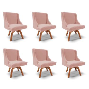 Imagem de Kit 6 Cadeiras Decorativas Sala De Jantar Base Giratória De Madeira Firenze Veludo Rosê/natural G19