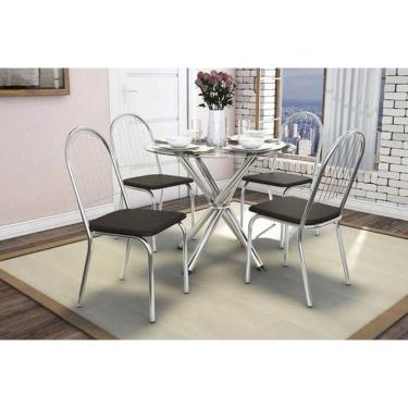 Imagem de Sala de Jantar Completa Volga C/ Tampo Vidro 95cm + 4 Cadeiras Noruega Cromado Courano Marrom