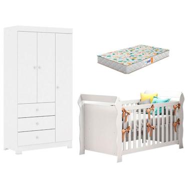 Imagem de Berço Americano Lara E Guarda Roupa Duda 3 Portas Branco Brilho Com Colchão Gazin
