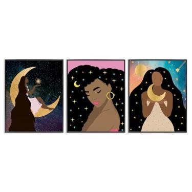 Imagem de Stupell Industries Beautiful Cosmic Women Conjunto de arte giclée emoldurado preto 3 peças por Daniela Santiago, 11 x 14